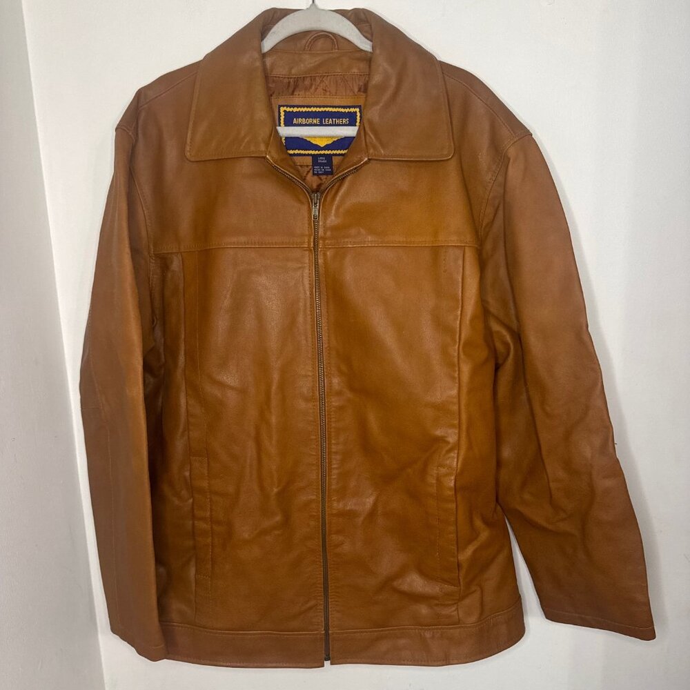 Vintage Airborne Men’s Brown Leather Jacket Full Zip Lined Collared Size Large